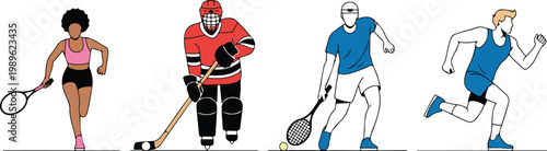 Athletes vector illustration set featuring tennis players ice hockey player and runner for sports and fitness competition design
