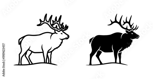 Bull Elk Silhouette and Outline Vector Illustration