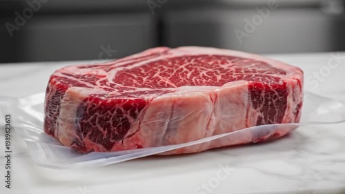 Premium Vacuum-Sealed Raw Beef Steak on White Marble Countertop - Slow Orbit
