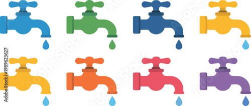 Meat products and water faucet vector illustration set featuring beef steak chicken ham and colorful dripping taps for butchery and plumbing design