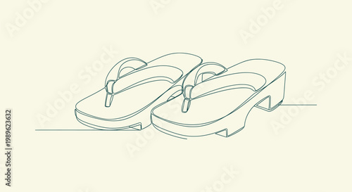 One line art illustration of traditional Japanese wooden geta sandals for cultural design themes.