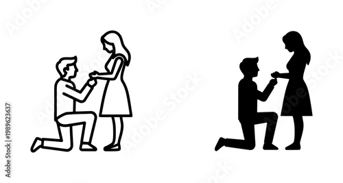 Man kneeling to propose marriage with ring icon set