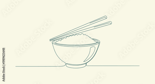 Minimalist Continuous Line Drawing of a Bowl of Steamed Rice with Chopsticks on Beige Background