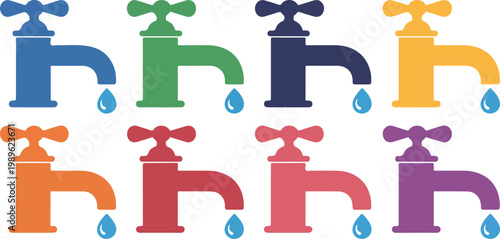 Meat products and water faucet vector illustration set featuring beef steak chicken ham and colorful dripping taps for butchery and plumbing design