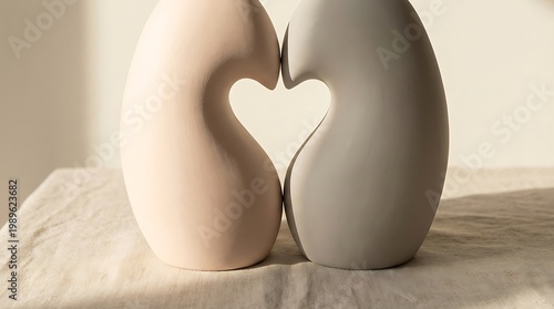 Two simple objects positioned to form a heart-shaped space between them, symbolizing love, care, and connection in a minimal concept scene.