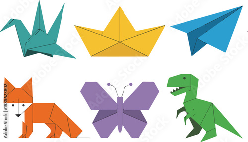 Colorful origami paper art vector illustration set featuring crane boat airplane fox butterfly and dinosaur for craft and creativity design