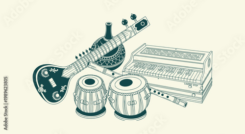 Traditional Indian Classical Music Instruments Vector Set with Sitar Tabla Harmonium and Bansuri