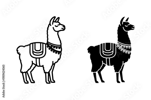 Llama line art and black silhouette icons with saddle