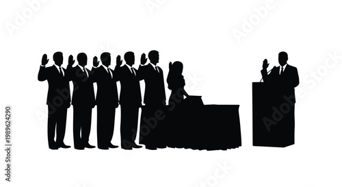 Silhouette of a group of people taking an official oath with raised hands during a formal ceremony.
