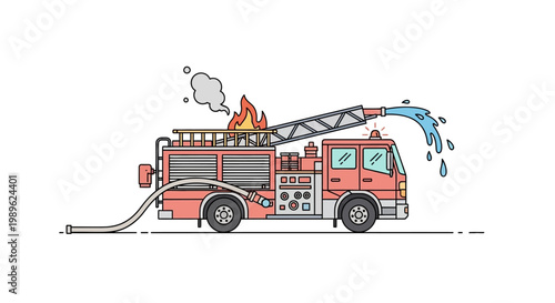 Schilderij op canvas Fire Truck Extinguishing Flames with Water Spray.