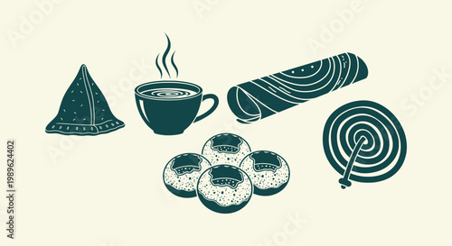 Traditional Indian Street Food Icons Set with Samosa Dosa Pani Puri Jalebi and Hot Tea Illustration