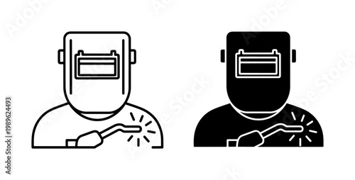 Welder wearing protective mask and helmet line icon set