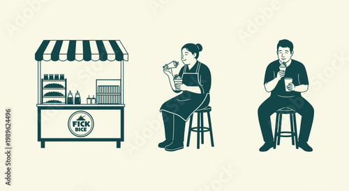 Street food stall vector illustration with people sitting on stools and enjoying tasty snacks