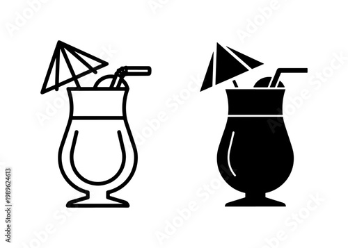 Tropical Cocktail Icon Set with Umbrella and Straw