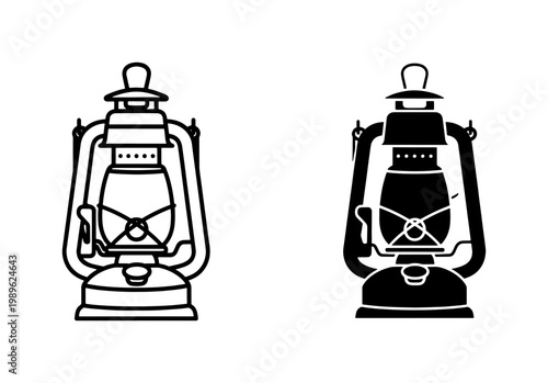 Vintage Kerosene Lantern Outline and Silhouette Icon Set