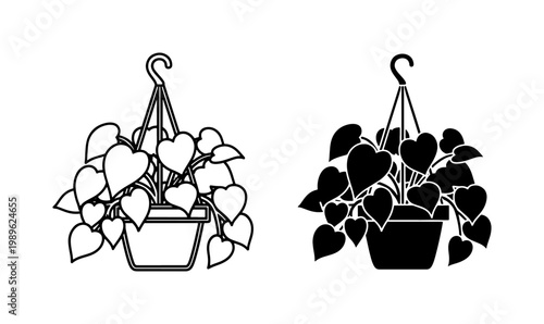 Hanging Potted Ivy Plant Silhouette and Outline Vector