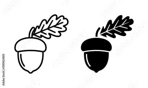 Oak Acorn Nut with Leaf Outline and Silhouette Icons