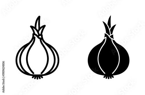 Onion bulb line and silhouette icon set