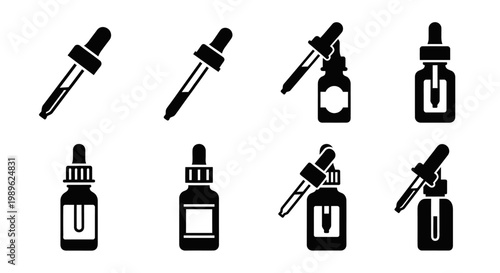 Dropper Bottle Icons Set, Liquid Medicine, Essential Oil, Serum, Cosmetics, Science Lab