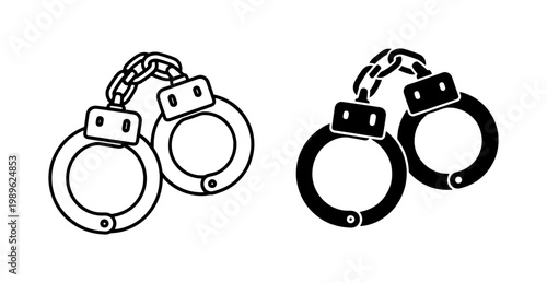 Metal Handcuffs Icon Set in Outline and Solid Black Style
