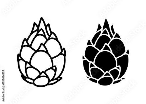 Dragon fruit outline and black silhouette icon set