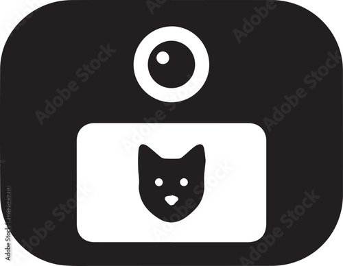 Black and white vector icon of a camera with a cat face on the screen isolated on transparent background