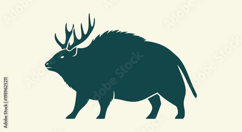Dark Teal Silhouette of a Prehistoric Antlered Beast Mythical Creature Illustration Vector Graphic