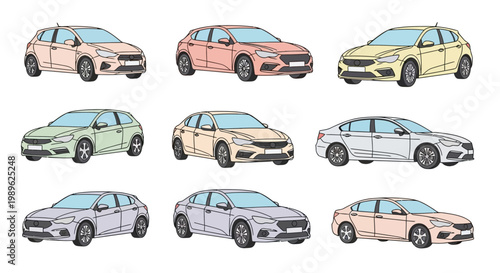 Colorful cars in various styles lineup.