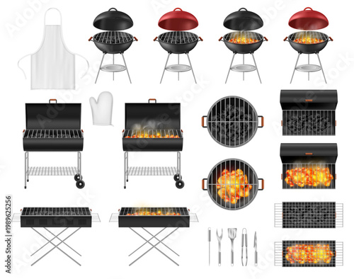 Barbecue grill units. Vector round and rectangular designs with lid and open structure outdoor cooking devices. Realistic equipment for food preparation. Protective apron and glove for safe handling