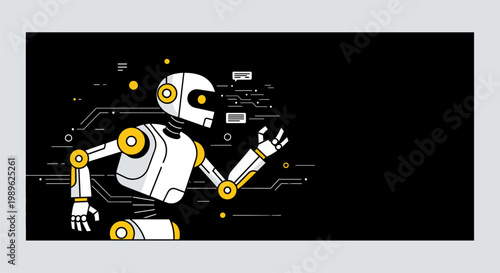 Fast AI robot running with motion lines, futuristic automation technology concept