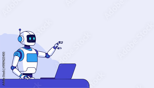 AI robot using laptop for automation and digital assistant workflow
