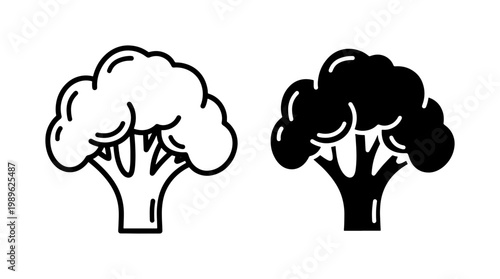 Broccoli vegetable line and silhouette icon set