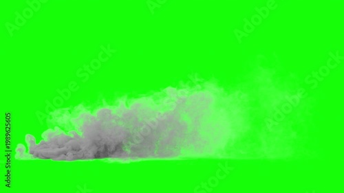 Grey smoke flowing on ground green screen. Billowing smoke plumes. 3d animation of ground smoke flowing. Low ground smoke billowing isolated