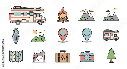 Colorful travel icons and symbols.