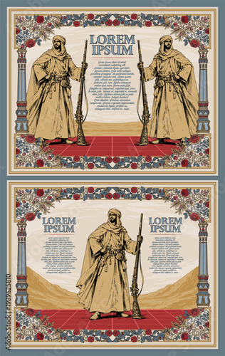 Vintage Middle Eastern Certificate Template with Arab Warriors and Floral Border