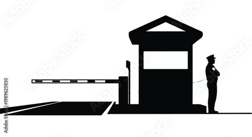 Security guard standing at gated entrance booth with barrier arm in silhouette, modern security checkpoint with uniformed guard, access control point