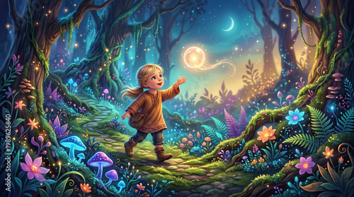 Young boy walking on a luminous path through a magical enchanted forest at night reaching for a glowing orb enchanted exploration adventure colorful beautiful imagination childhood character