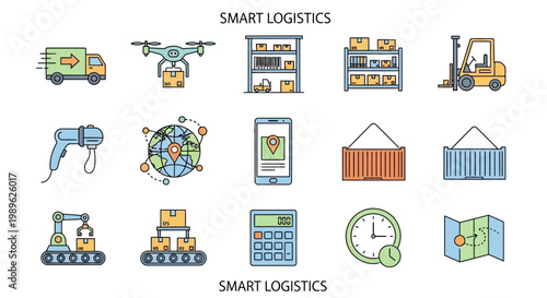 Smart Logistics Delivery Transportation Icons.