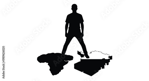 Silhouette of confident man standing on broken or fractured earth globe in dark dramatic illustration for concept of global crisis or environmental disaster