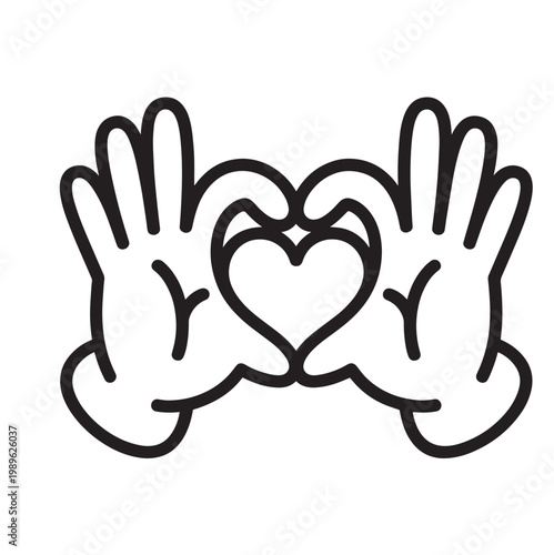 Cartoon gloved hands forming heart gesture for love expression, Valentine's Day greeting, animated character emotion, and playful affection graphic design use
