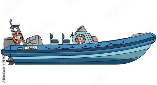Blue Rescue Boat with Lifebuoys.