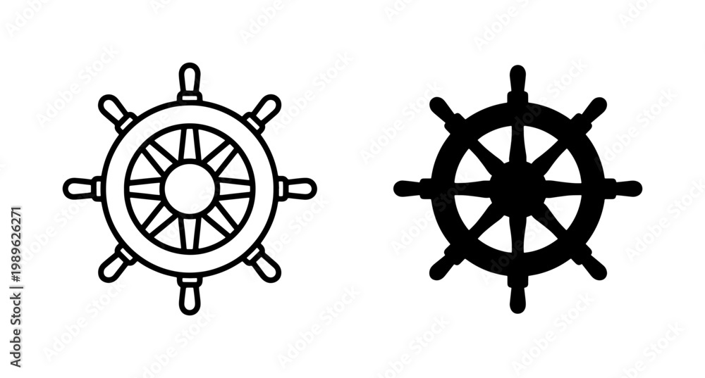 Obraz premium Nautical Ship Wheel Outline and Silhouette Icon Set