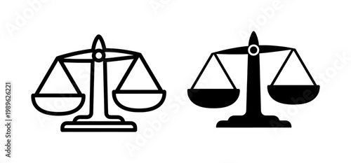 Justice Scales Icon Set in Black Outline and Solid Style
