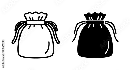 Drawstring Pouch Icon Set in Outline and Solid Style