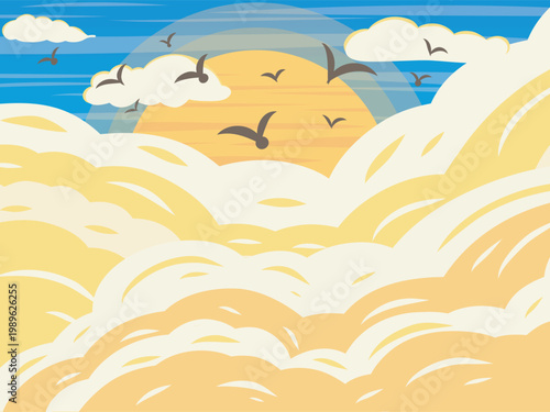 Landscape illustrations featuring clouds, sky, sun, and birds.