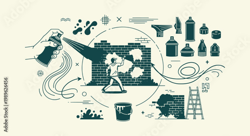 Creative Street Art Graffiti Vector Illustration Featuring Urban Mural Painter and Spray Can Tools