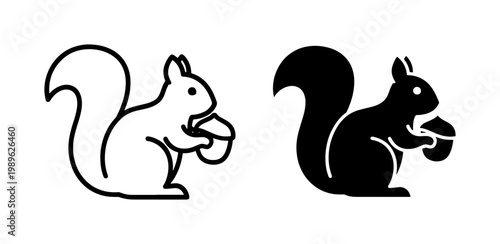 Squirrel holding acorn icon set in outline and solid style