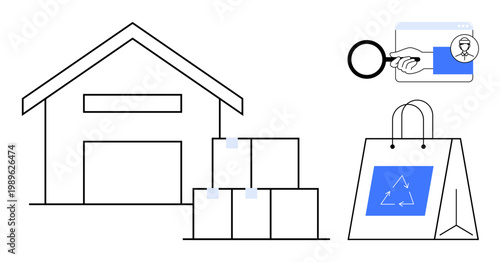 Logistics, e-commerce, sustainability, product quality, shipping, warehouse management. Warehouse with boxes, recyclable bag and quality check icon. Logistics and e-commerce