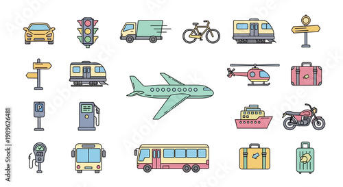 Airplane and various transportation icons.