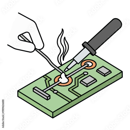 Soldering iron melting metal on circuit.